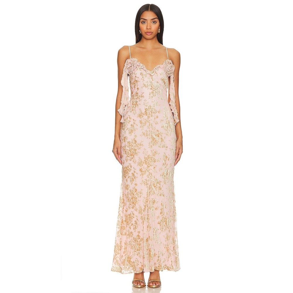 NWT NBD Womens Dresses Floral Ruffle Gown Jamela Gown Blush Pink Size S Revolve